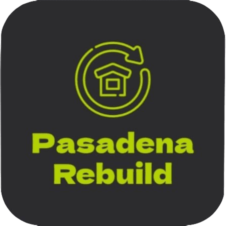 logo Logo with a yellow outline of a house inside a circular arrow above the text "Pasadena Rebuild" on a dark background.